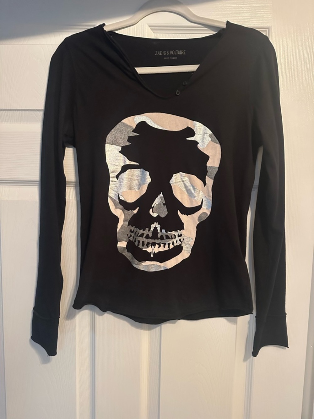 Zadig & Voltaire Black Skull Henley Long Sleeve Top Camo Metallic